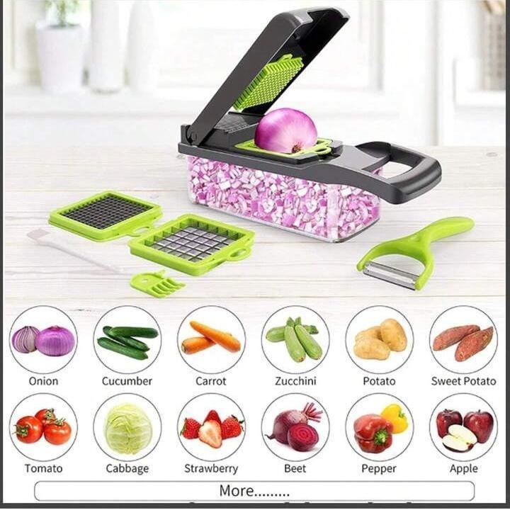 14 in 1 Vegetable Cutter – The Ultimate Kitchen Slicer & Chopper
Upgrade your kitchen game with this 14 in 1 Vegetable Cutter — the ultimate solution for fast, safe, and mess-free meal prep. This multifunctional tool includes interchangeable blades for slicing, dicing, chopping, grating, julienning, peeling, and more — all in one compact design.
Made from durable BPA-free plastic and rust-resistant stainless steel, it's built for everyday use. The non-slip base and hand protector ensure safety while the c