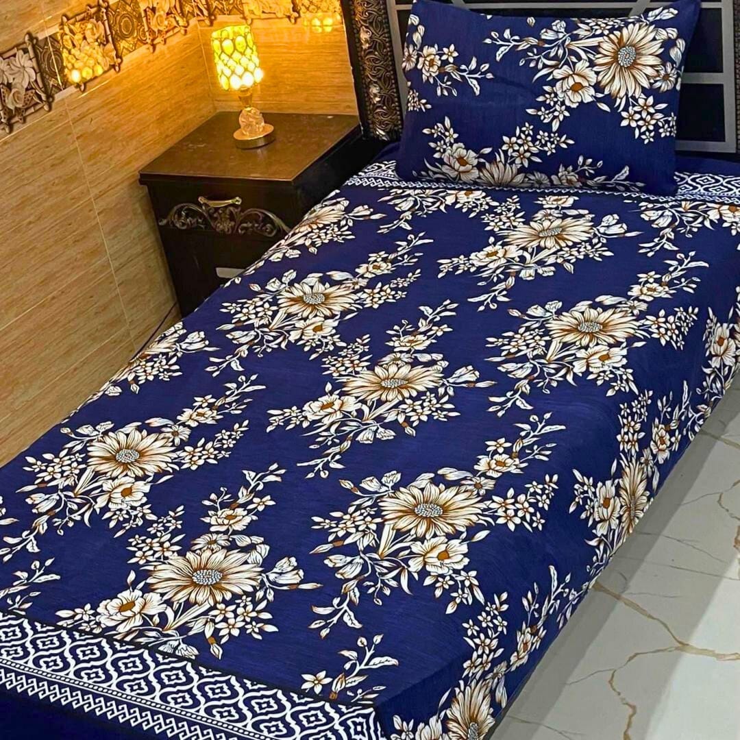 Blue Crystal Cotton Bedsheet Set – 4 Pcs Single Bed | Printed Design with Pillow Covers | Soft Fabric for Daily Use or Gift