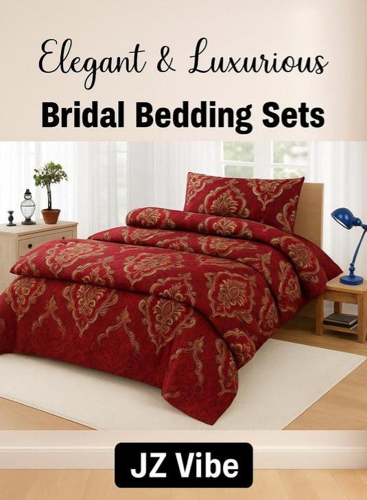 Bridal bedsheets, wedding bedsheet set, jahez bedsheet, bridal bedsheet for couple, luxury bridal bedsheet, embroidered bridal bedsheets, first night bedsheet, bridal room decor, pillow covers, soft bridal bedsheet.