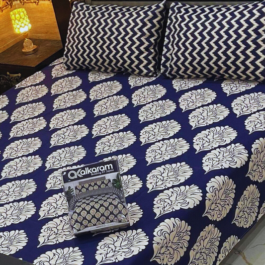 Luxury Cotton King Size Bedsheet Set – Blue Floral Design blue bedsheet, king size bedsheet, cotton bedsheet, printed bedsheet, JZ Vibe bedsheets, breathable cotton bedding, luxury bedsheet set, stylish bedsheets, double bed bedsheet, 3 pcs bedding set, soft cotton bedsheet, floral bedsheet, modern bedroom decor, premium quality bedsheet, summer bedsheet collection
