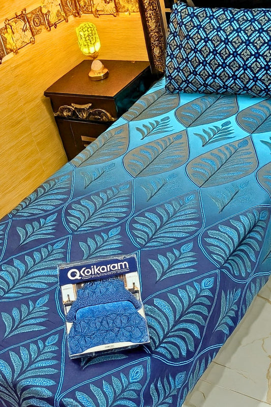 Blue Bedsheet, Single Bed, Cotton Bedsheet, Printed Bedsheet, 4 Pcs Set, Alkaram Style, Gul Ahmed Design, Khaadi Bedsheet, Gift Pack Bedsheet, Box Packing, Affordable Bedding, Soft Cotton, Pakistani Bedsheets