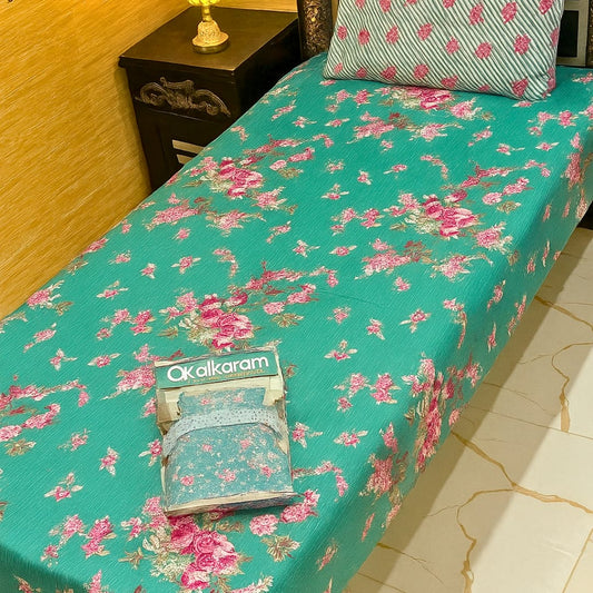 Turquoise Bedsheet, Single Bed, Cotton Bedsheet, Printed Set, 4 Pcs Bedsheet, Alkaram Design, Khaadi Inspired, Gul Ahmed Replica, Gift Box Bedsheet, Soft Fabric, Pakistani Bedsheets, Bedding for Hostel, Affordable Bedsheets