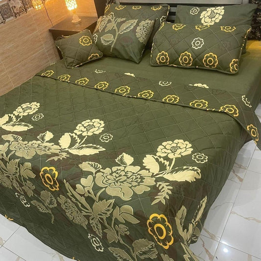"JZ Vibe 7-Piece Green Comforter Set with Printed Cotton Mix – Includes Comforter, Bedsheet, Cushion & Pillow Covers"