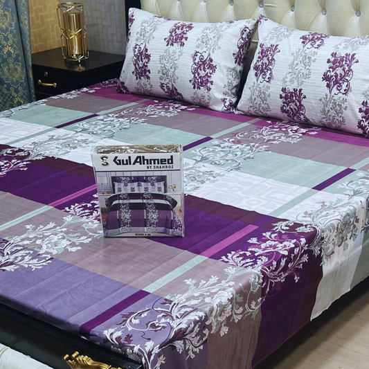 Luxury Cotton King Size Bedsheet Set – Purple Floral Designpink bedsheet, king size bedsheet, cotton bedsheet, printed bedsheet, JZ Vibe bedsheets, breathable cotton bedding, luxury bedsheet set, stylish bedsheets, double bed bedsheet, 3 pcs bedding set, soft cotton bedsheet, floral bedsheet, modern bedroom decor, premium quality bedsheet, summer bedsheet collection