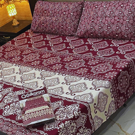 Luxury Cotton King Size Bedsheet Set – Maroon Floral Designpink bedsheet, king size bedsheet, cotton bedsheet, printed bedsheet, JZ Vibe bedsheets, breathable cotton bedding, luxury bedsheet set, stylish bedsheets, double bed bedsheet, 3 pcs bedding set, soft cotton bedsheet, floral bedsheet, modern bedroom decor, premium quality bedsheet, summer bedsheet collection