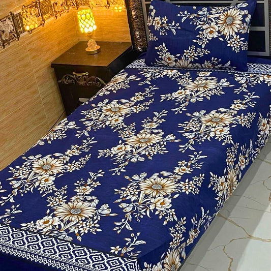 Blue Crystal Cotton Bedsheet Set – 4 Pcs Single Bed | Printed Design with Pillow Covers | Soft Fabric for Daily Use or Gift