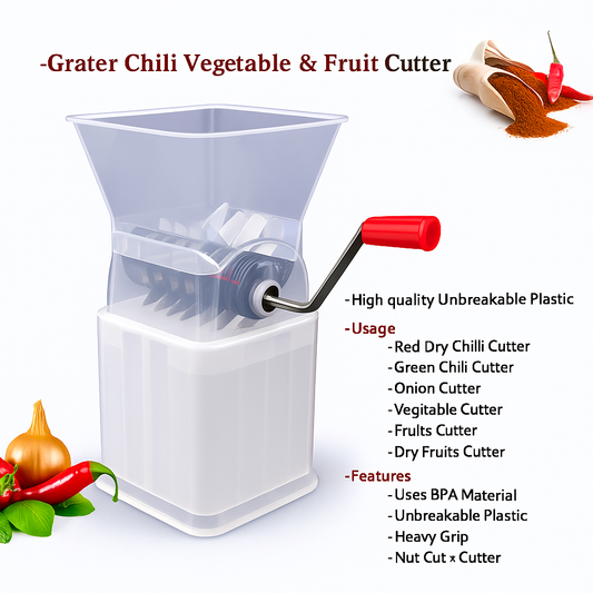 Manual grater chili and vegetable cutter with unbreakable plastic body and red handle

Multipurpose hand crank cutter for dry chilies, onions, garlic, fruits, and nuts

Durable BPA-free vegetable and fruit cutter with stainless steel blades and ergonomic design