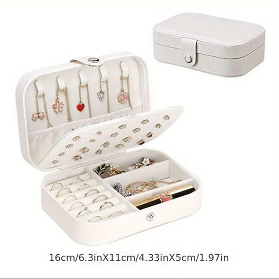 "Elegant white faux leather jewelry box in compact 16 cm size, perfect for travel and gift packaging with secure bubble wrap protection."