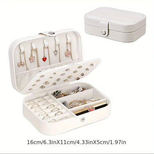 "Elegant white faux leather jewelry box in compact 16 cm size, perfect for travel and gift packaging with secure bubble wrap protection."
